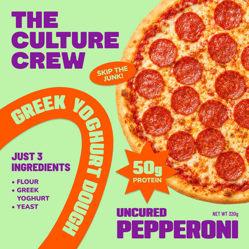 The Culture Crew Uncured Pepperoni pack, green with 50g protein flash