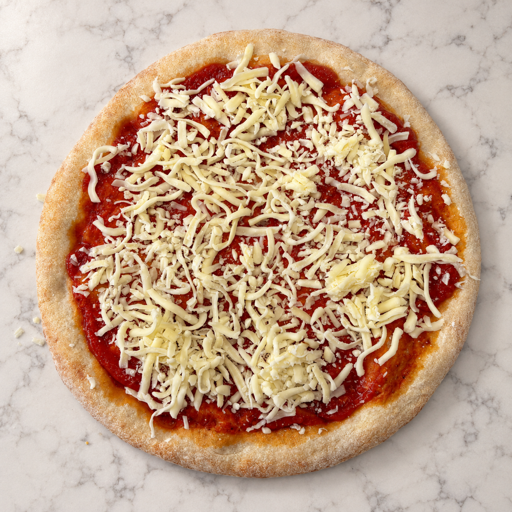 The Margarita pizza before cooking, with grated mozzarella on tomato sauce