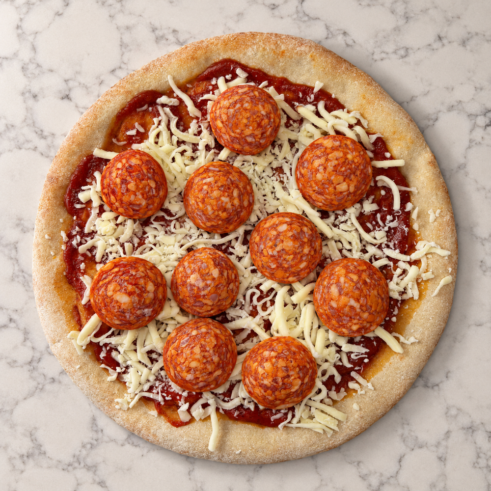 The Uncured Pepperoni pizza before cooking, topped with pepperoni slices